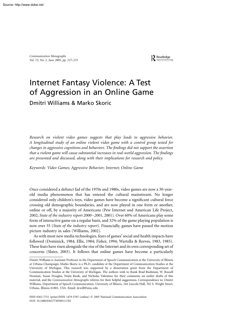 Internet Fantasy Violence, A Test of Aggression in an Online Game