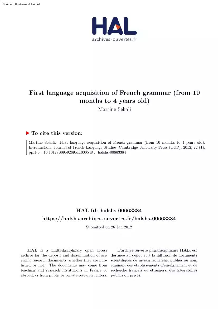 Martine Sekali - First Language Acquisition of French Grammar, from 10 Months to 4 Years Old