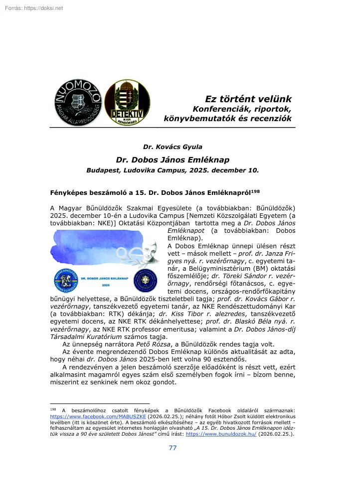 Dr. Kovács Gyula - Dr. Dobos János Emléknap