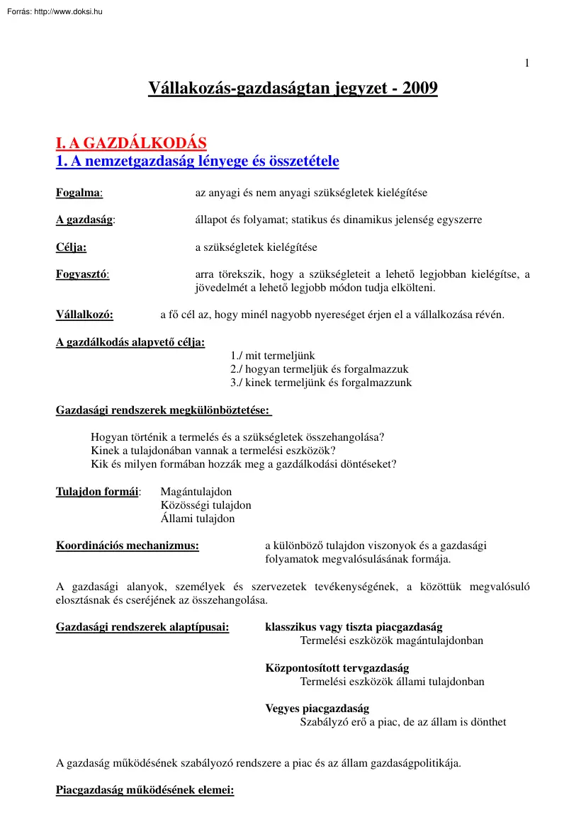 Vállakozás-gazdaságtan jegyzet, 2009