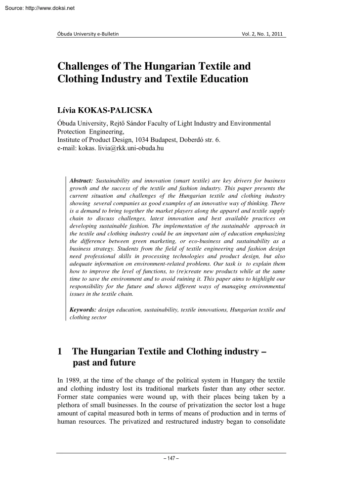 Lívia Kokas Palicska - Challenges of The Hungarian Textile and Clothing Industry and Textile Education