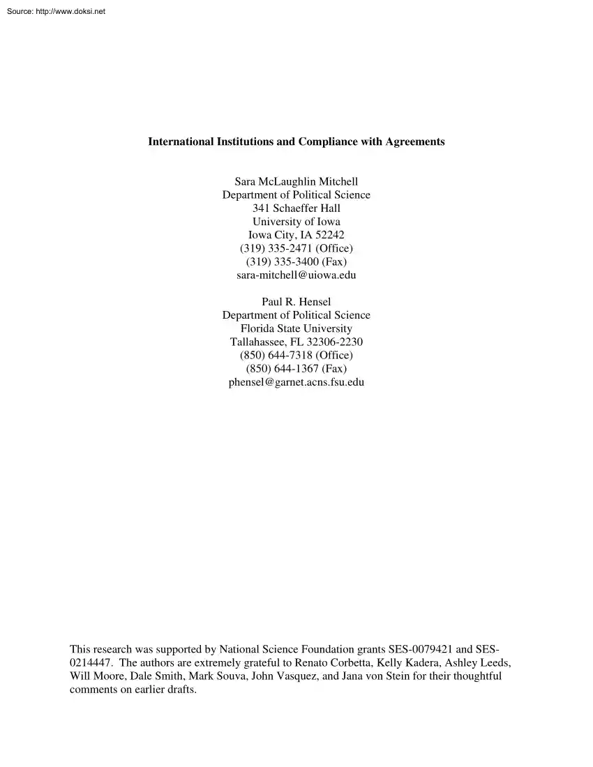 Mitchell-Hensel - International Institutions and Compliance with Agreements