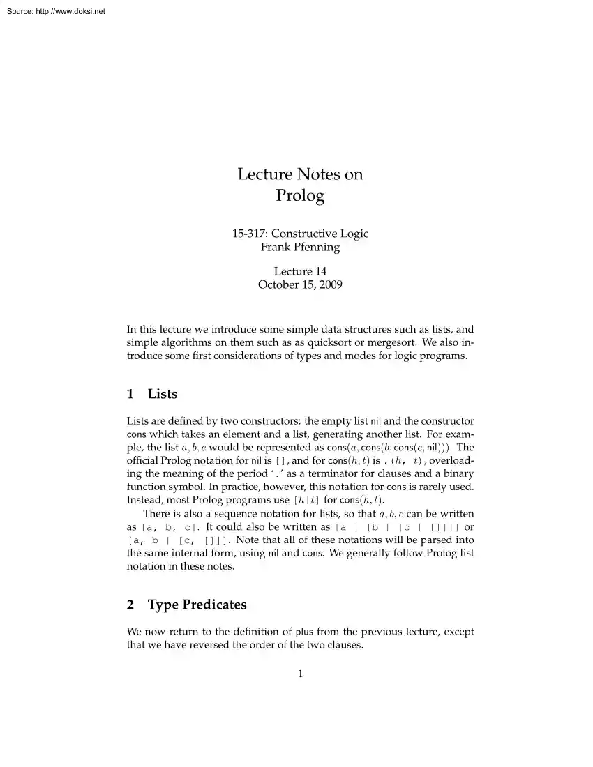 Frank Pfenning - Lecture Notes on Prolog