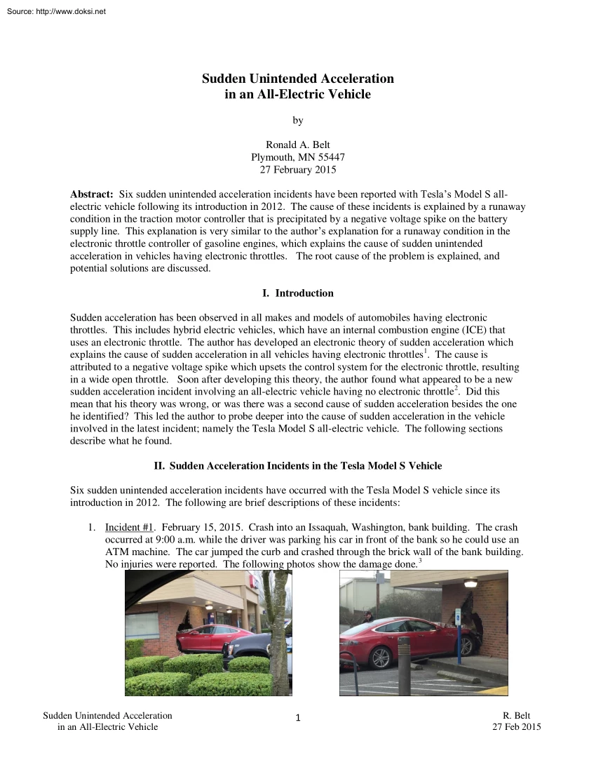 Ronald A. Belt - Sudden Unintended Acceleration in an All Electric Vehicle