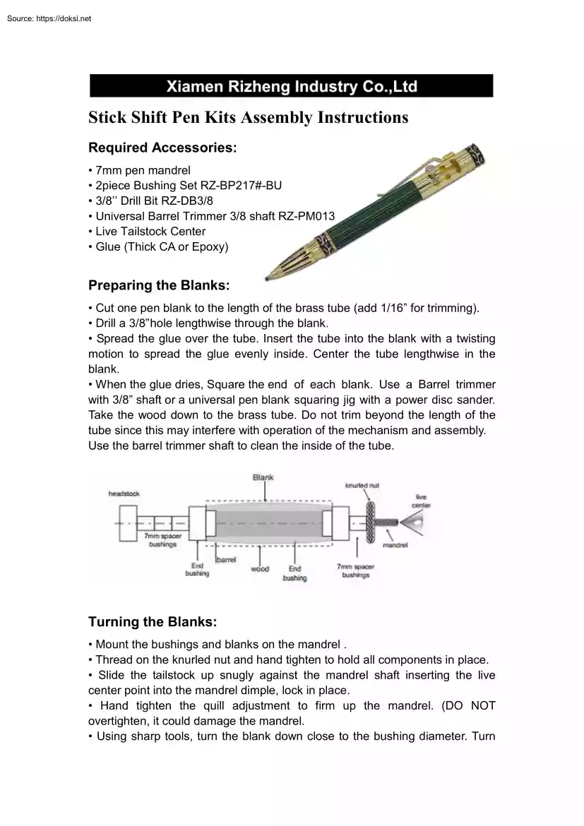 Stick Shift Pen Kits Assembly Instructions