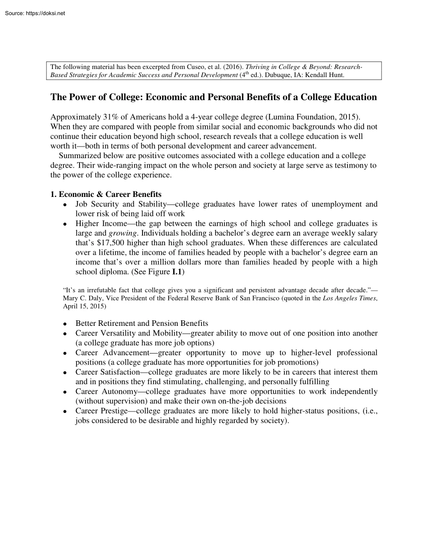 The Power of College, Economic and Personal Benefits of a College Education