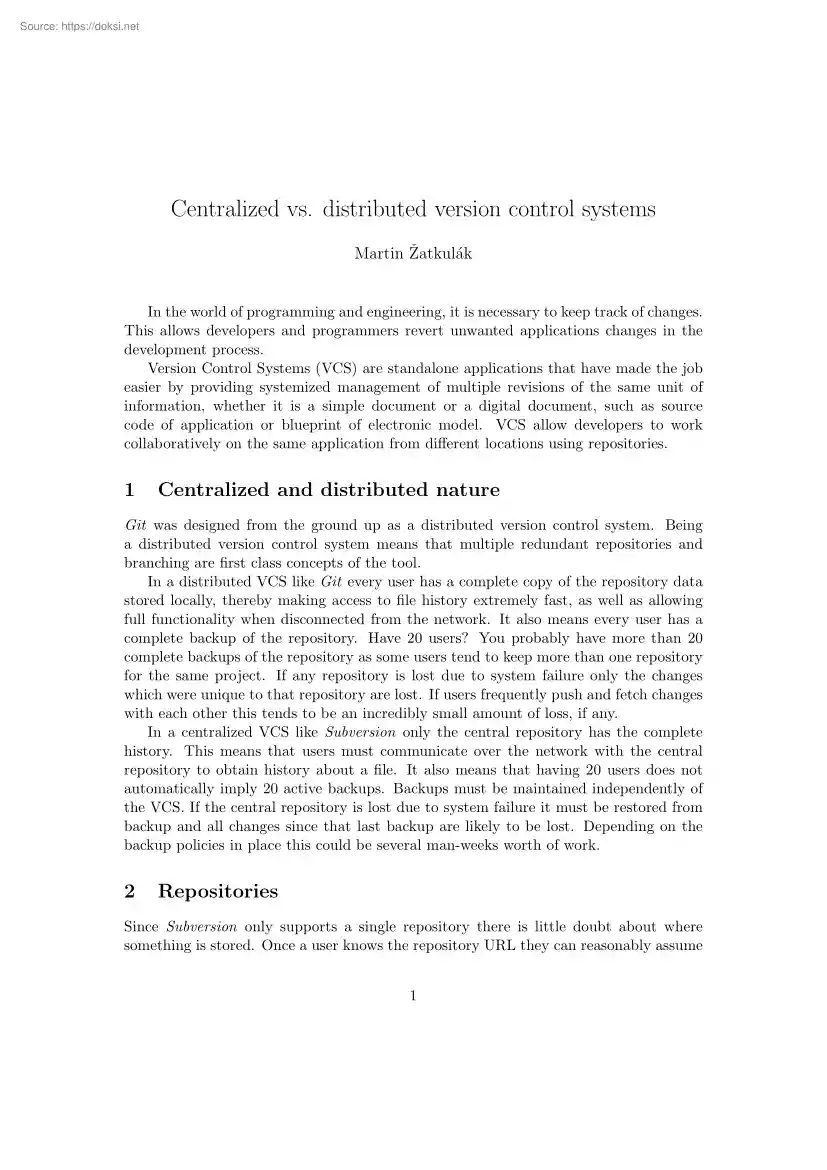 Martin Zatkulák - Centralized vs. distributed version control systems