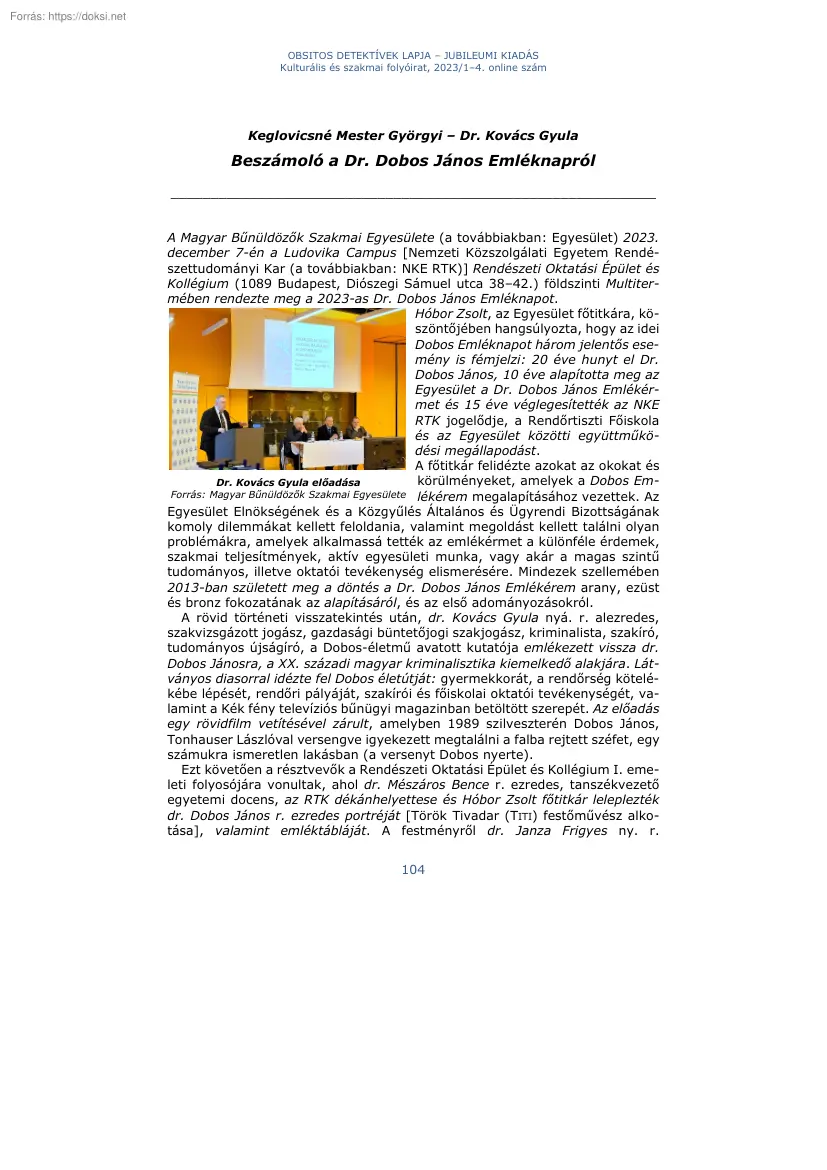 Keglovicsné-Kovács - Beszámoló a Dr. Dobos János Emléknapról