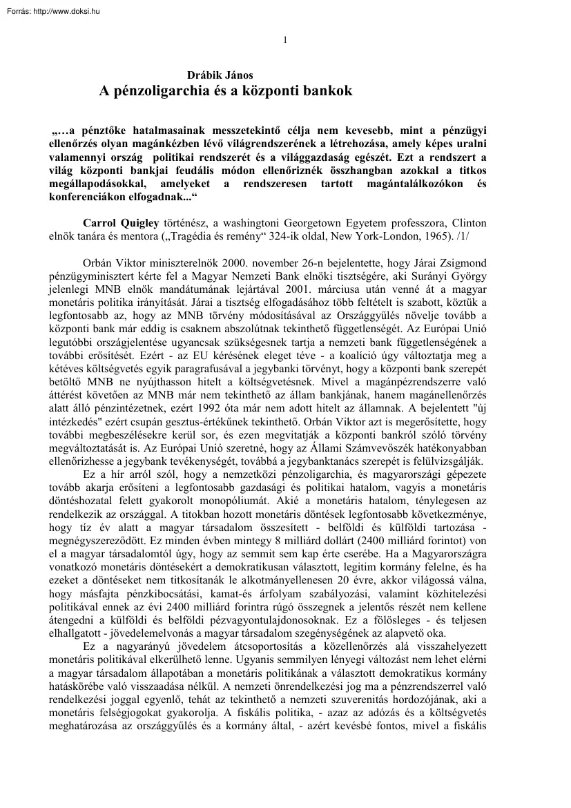 Drábik János - A pénzoligarchia és a központi bankok
