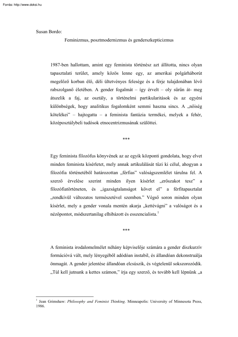 Susan Bordo - Feminizmus, posztmodernizmus és genderszkepticizmus