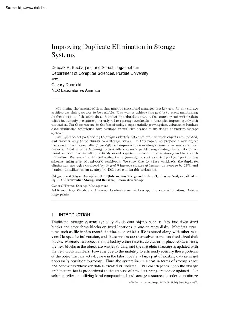 Cezary Dubnicki - Improving duplicate elimination in storage system