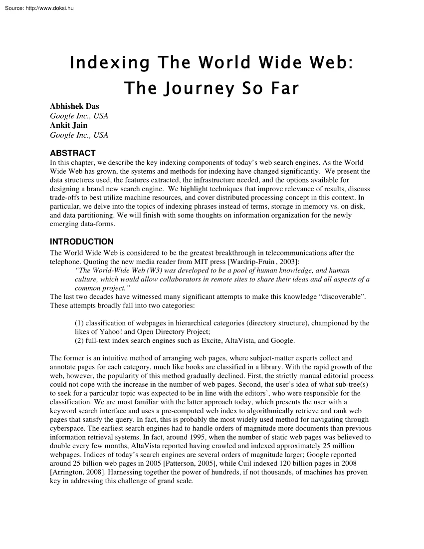 Google, Indexing The World Wide Web, the journey so far