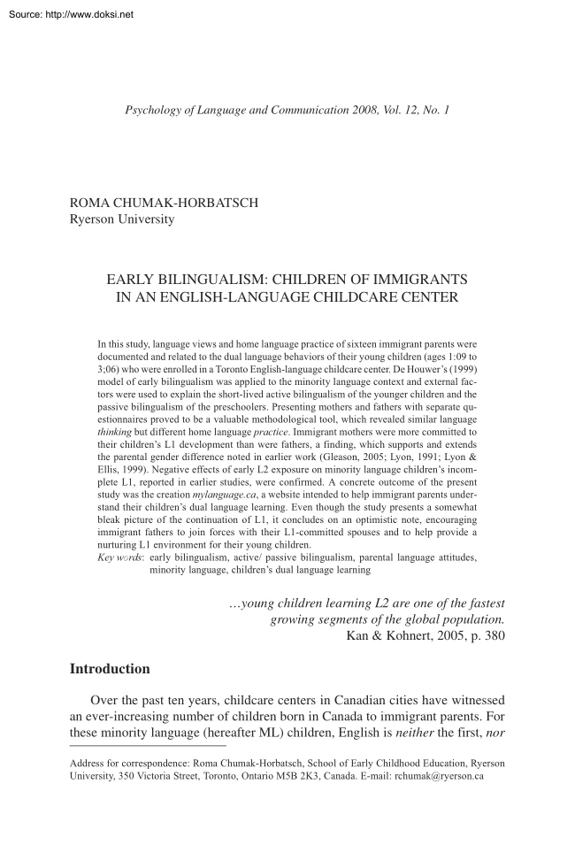 Roma Chumak - Early Bilingualism, Children of Immigrants in an English Language Children Center