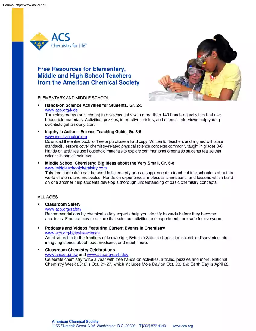 Free Resources for Elementary, Middle and High School Teachers from the American Chemical Society