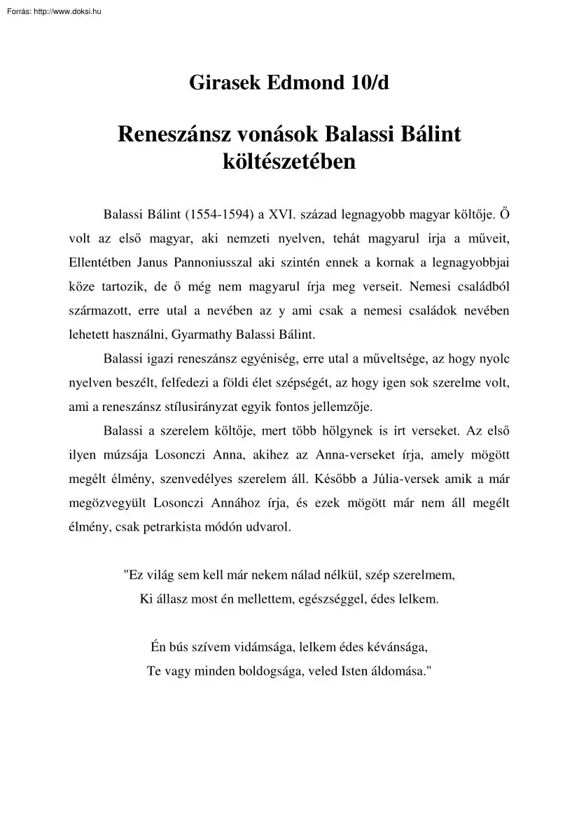 Girasek Edmond - Reneszánsz vonások Balassi Bálint költészetében