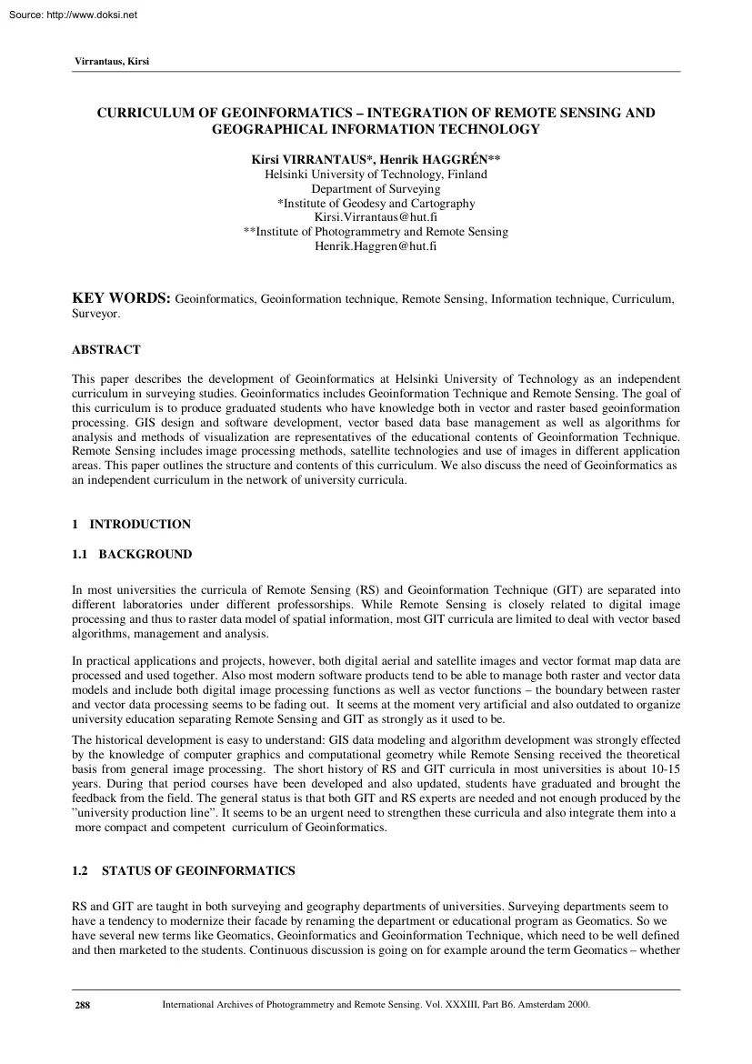 Virrantaus-Haggrén - Integration of Remote Sensing and Geographical Information Technology