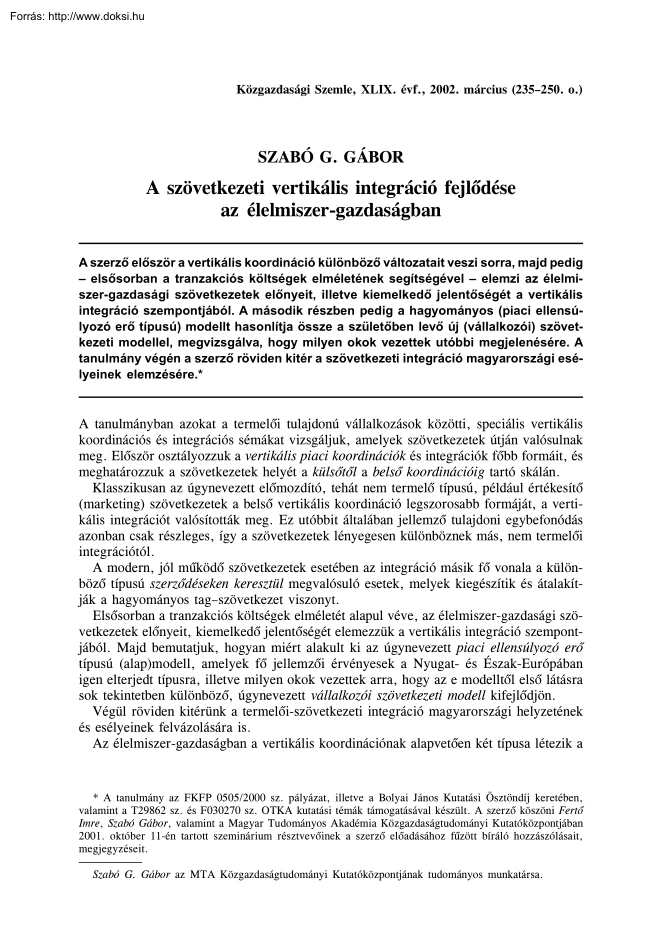 Szabó G. Gábor - A szövetkezeti vertikális integráció fejlődése az élelmiszer-gazdaságban