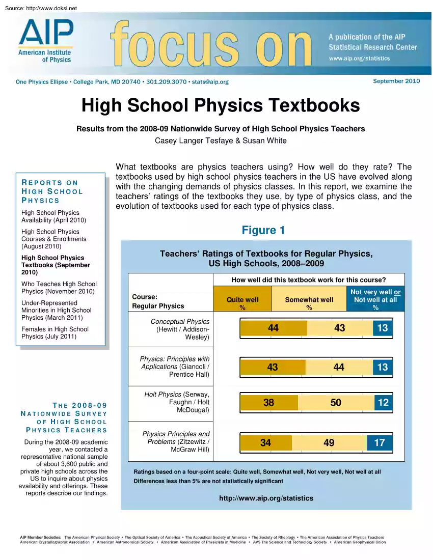 High School Physics Textbooks, Results from the 2008-09 Nationwide Survey of High School Physics Teachers