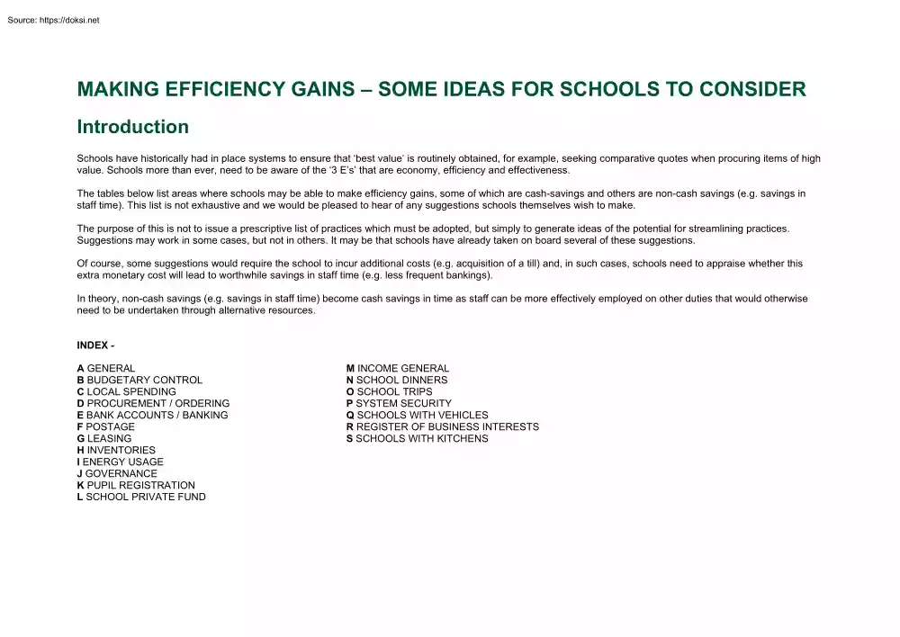 Making Efficiency Gains, Some Ideas for Schools to Consider