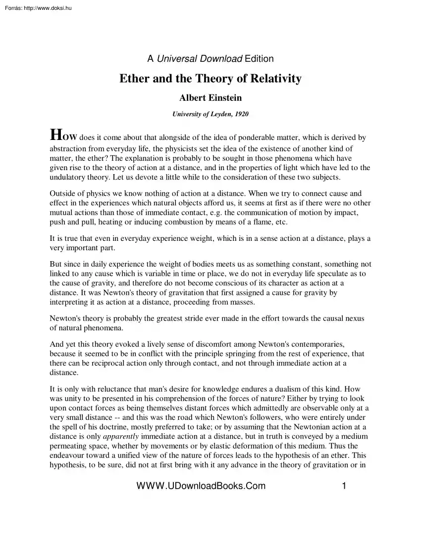 Albert Einstein - Ether And The Theory Of Relativity