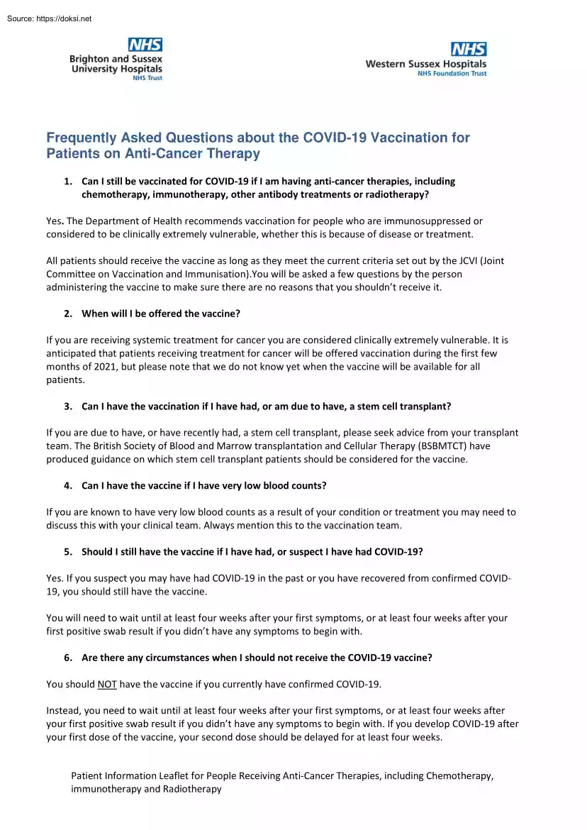 Frequently Asked Questions about the COVID-19 Vaccination for Patients on Anti-Cancer Therapy