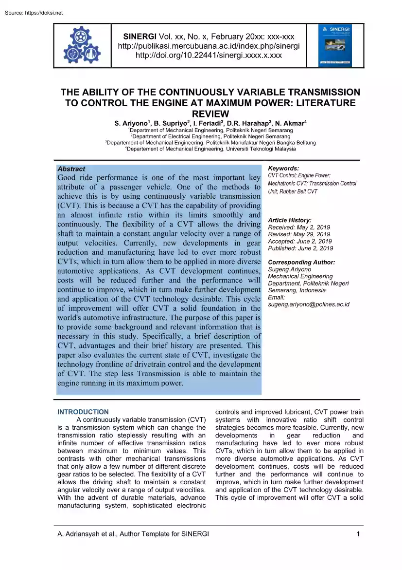 The Ability of the Continuously Variable Transmission to Control The Engine at Maximum Power, Literature Review