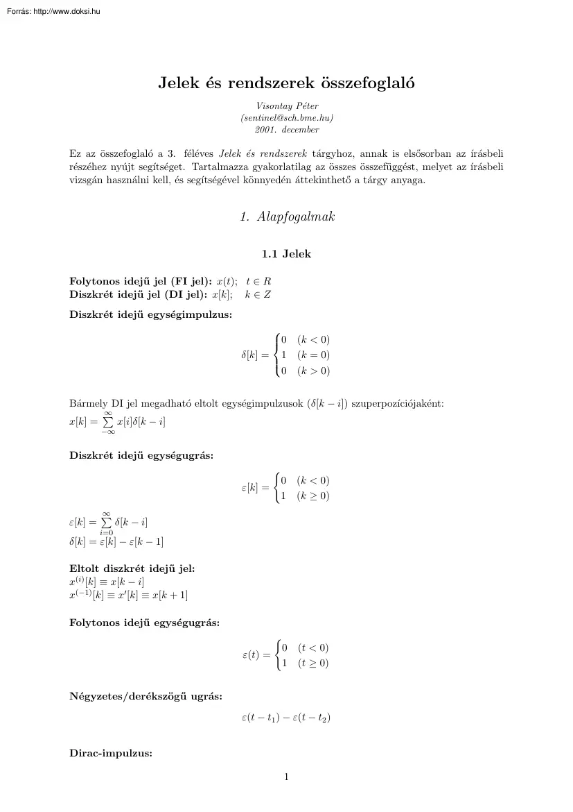 Visontay Péter - Jelek és rendszerek összefoglaló