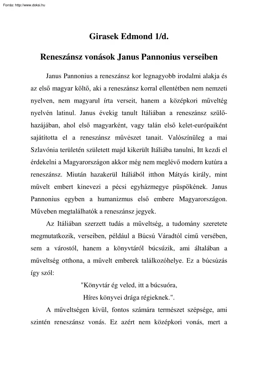 Girasek Edmond - Reneszánsz vonások Janus Pannonius verseiben