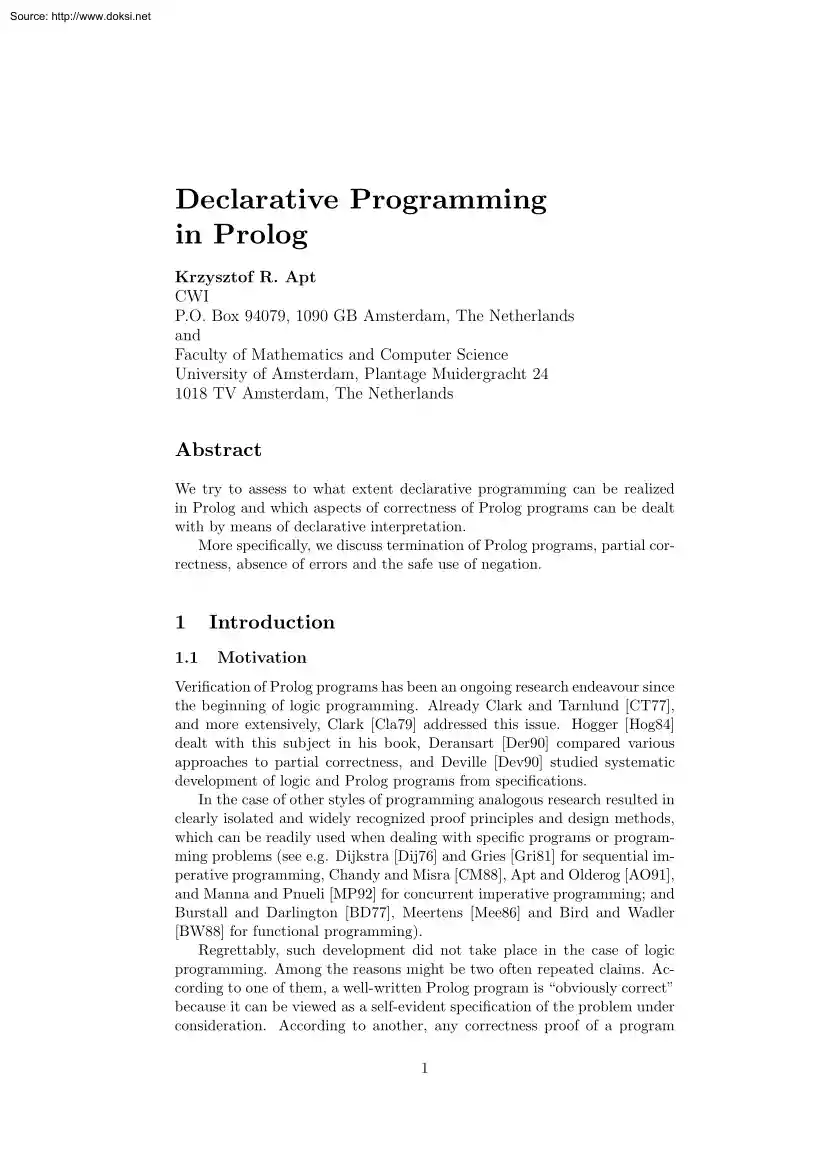 Krzysztof R. Apt - Declarative Programming in Prolog