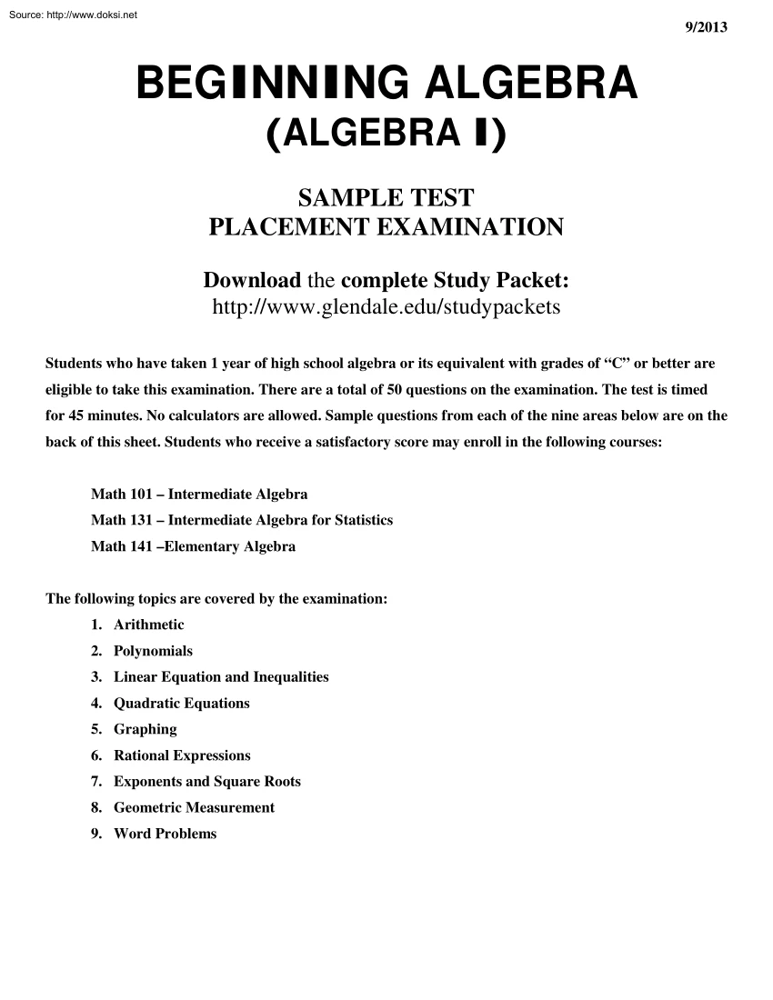Beginning Algebra, Sample Test