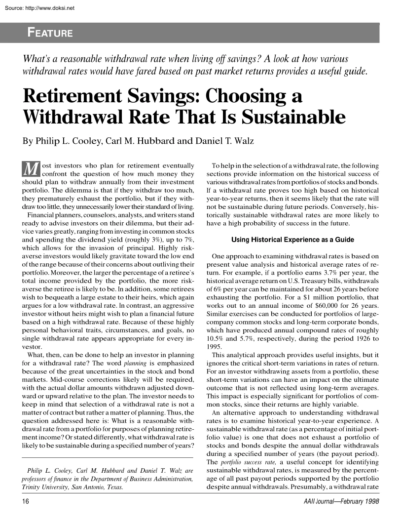 Retirement Savings, Choosing a Withdrawal Rate That Is Sustainable