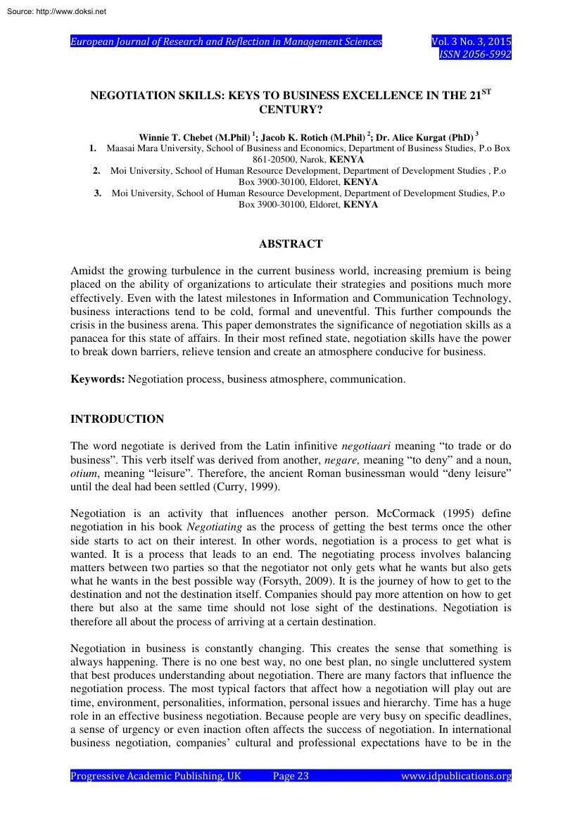 Negotiation Skills, Keys to Business Excellence in the 21st Century