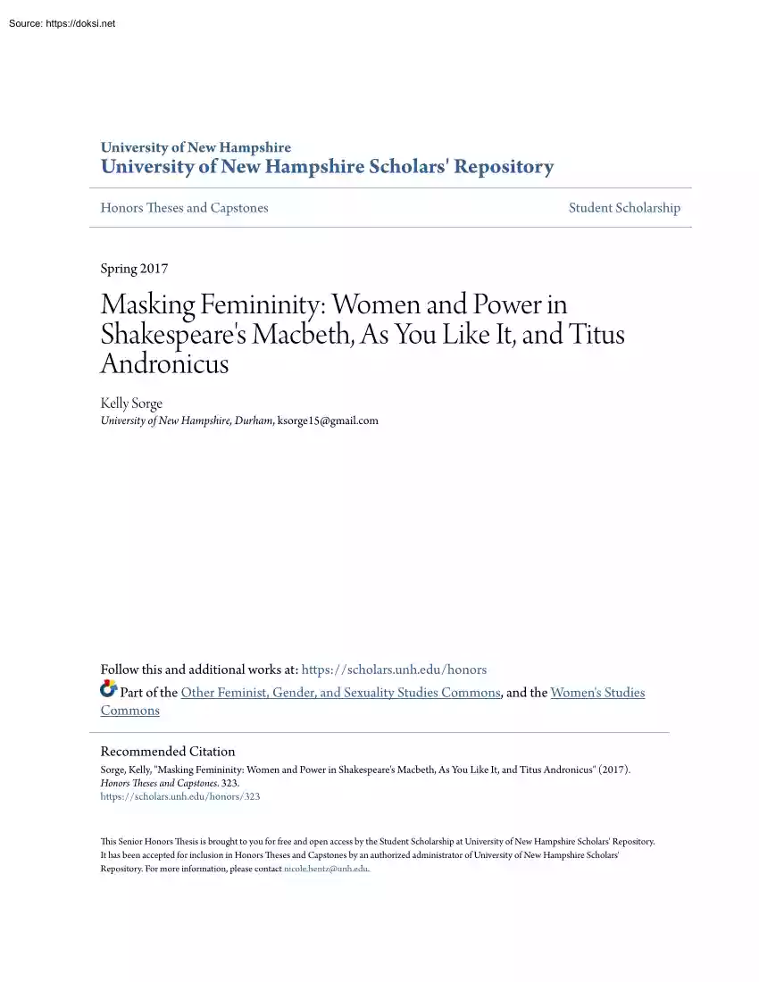 Kelly Sorge - Masking Femininity, Women and Power in Shakespeare Macbeth, As You Like It, and Titus