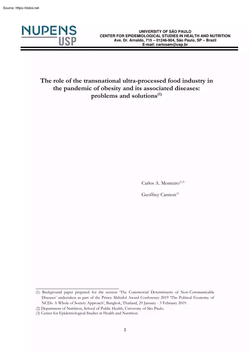 The Role of the Transnational Ultra-processed Food Industry in the Pandemic of Obesity and Its Associated Diseases, Problems and Solutions