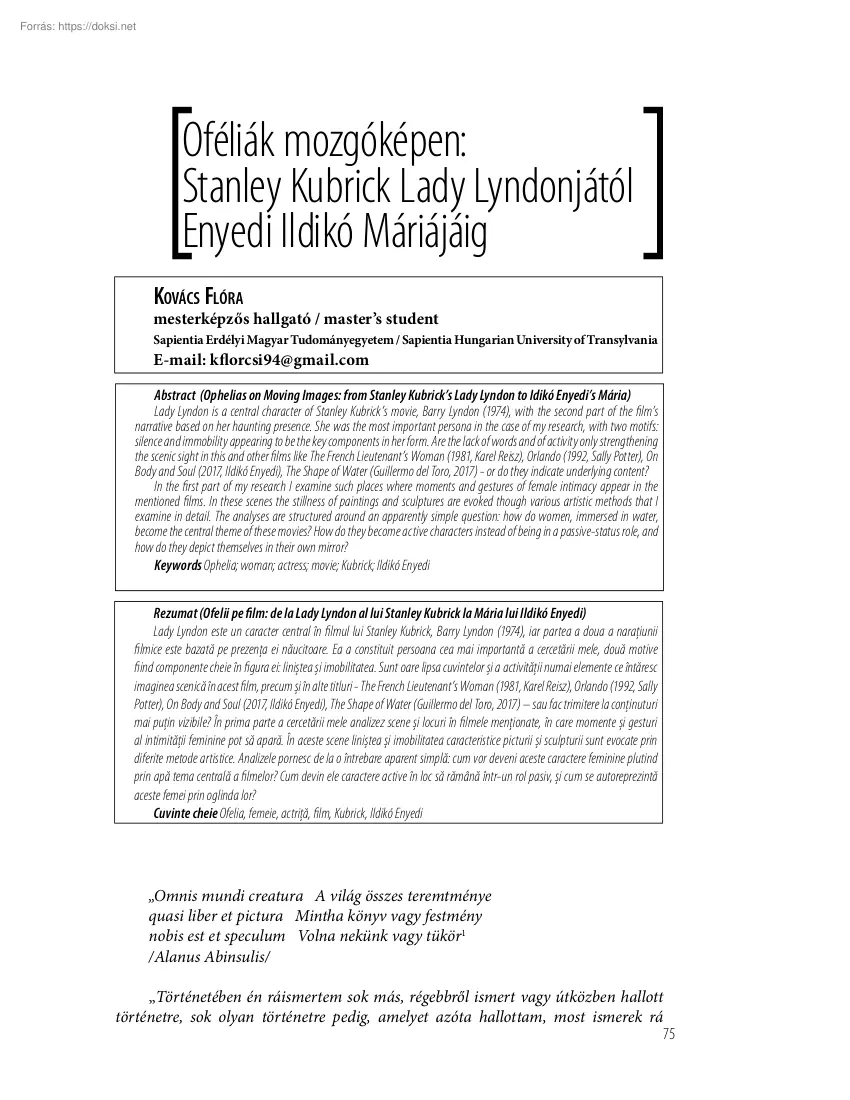 Kovács Flóra - Oféliák mozgóképen, Stanley Kubrick Lady Lyndonjától Enyedi Ildikó