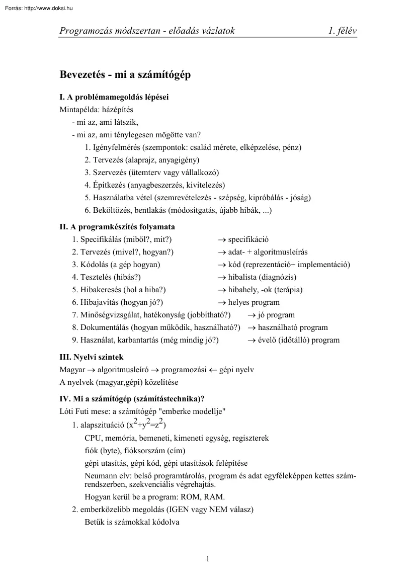 Programozás módszertan előadás vázlatok