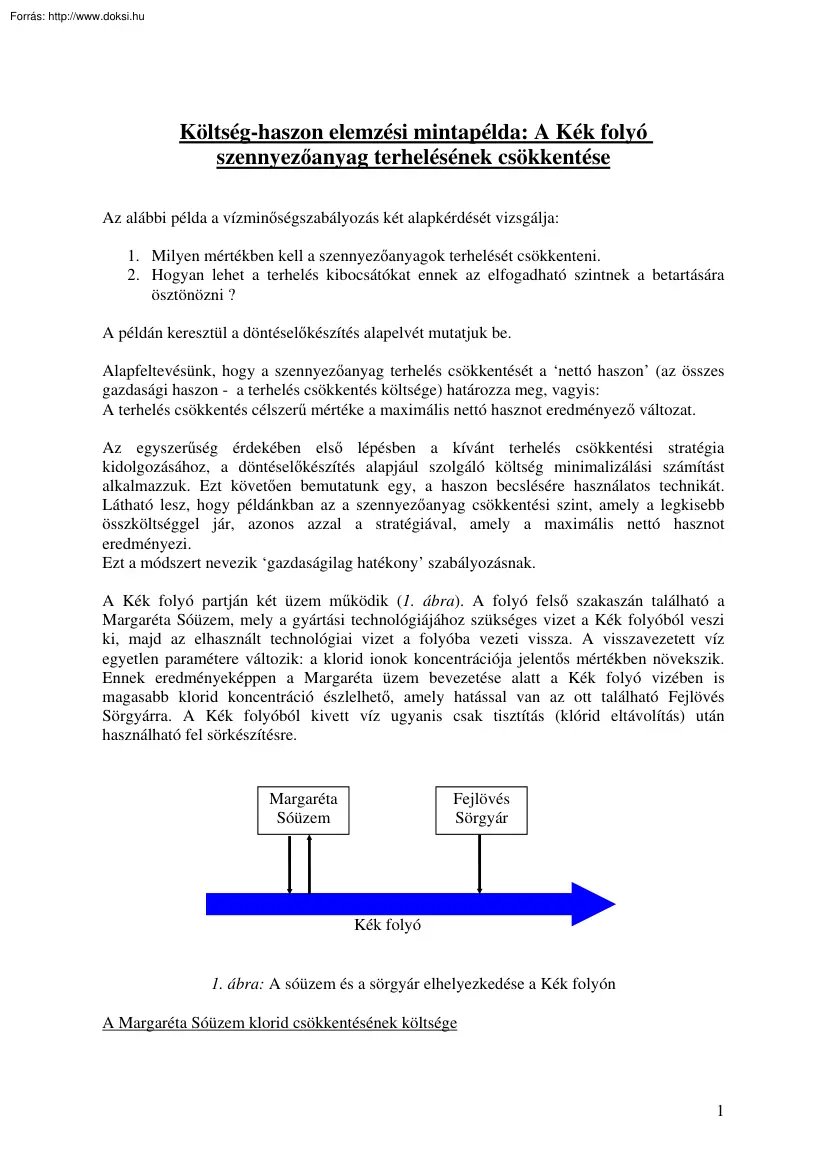 Költség-haszon elemzési mintapélda, a Kék folyó szennyezőanyag terhelésének csökkentése