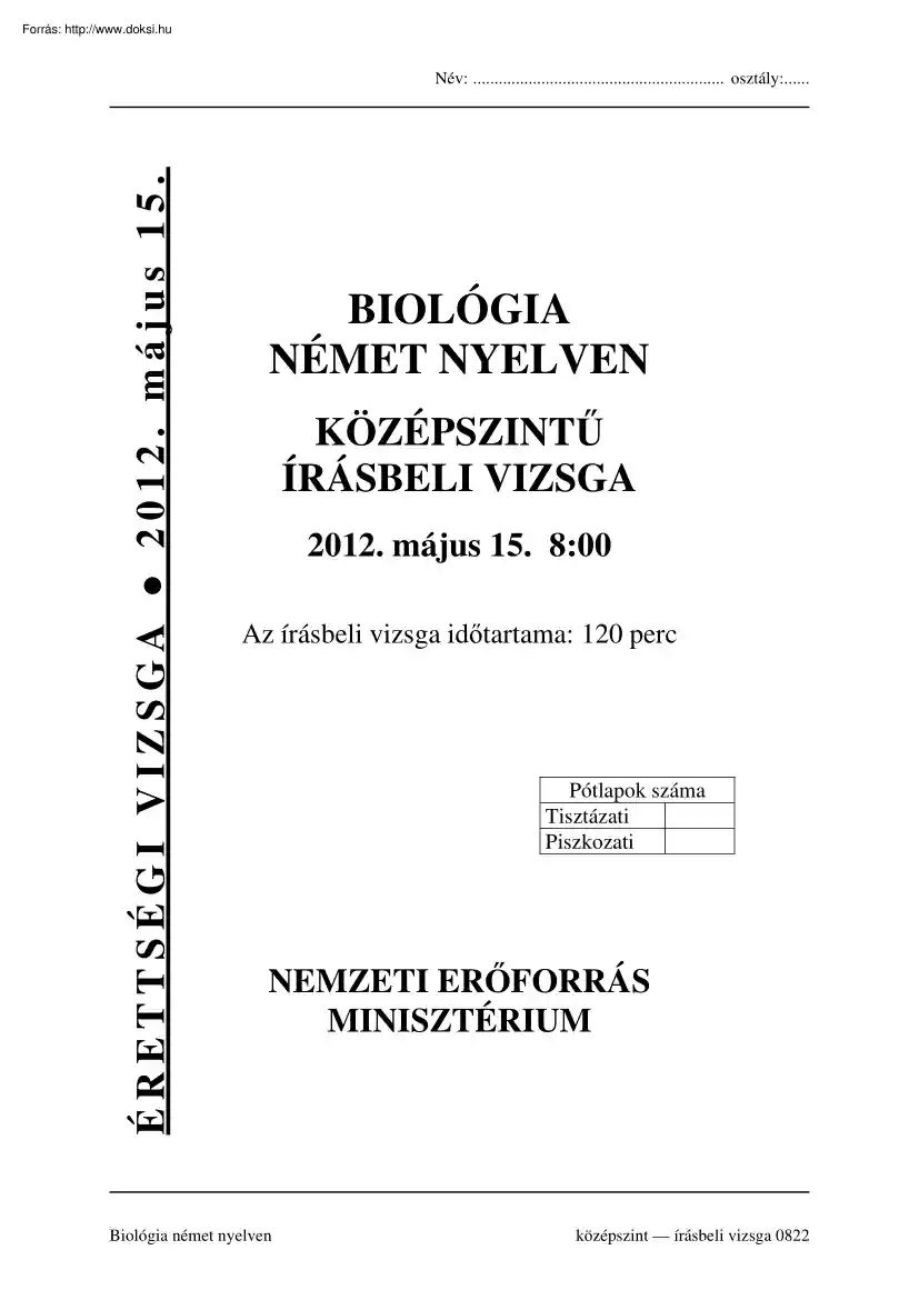 Biológia német nyelven középszintű írásbeli érettségi vizsga megoldással, 2012