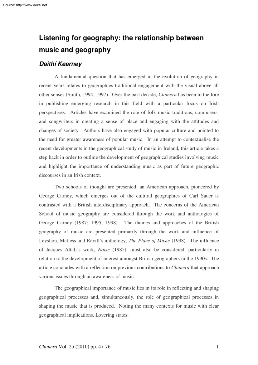 Daithí Kearney - Listening for geography, the relationship between music and geography