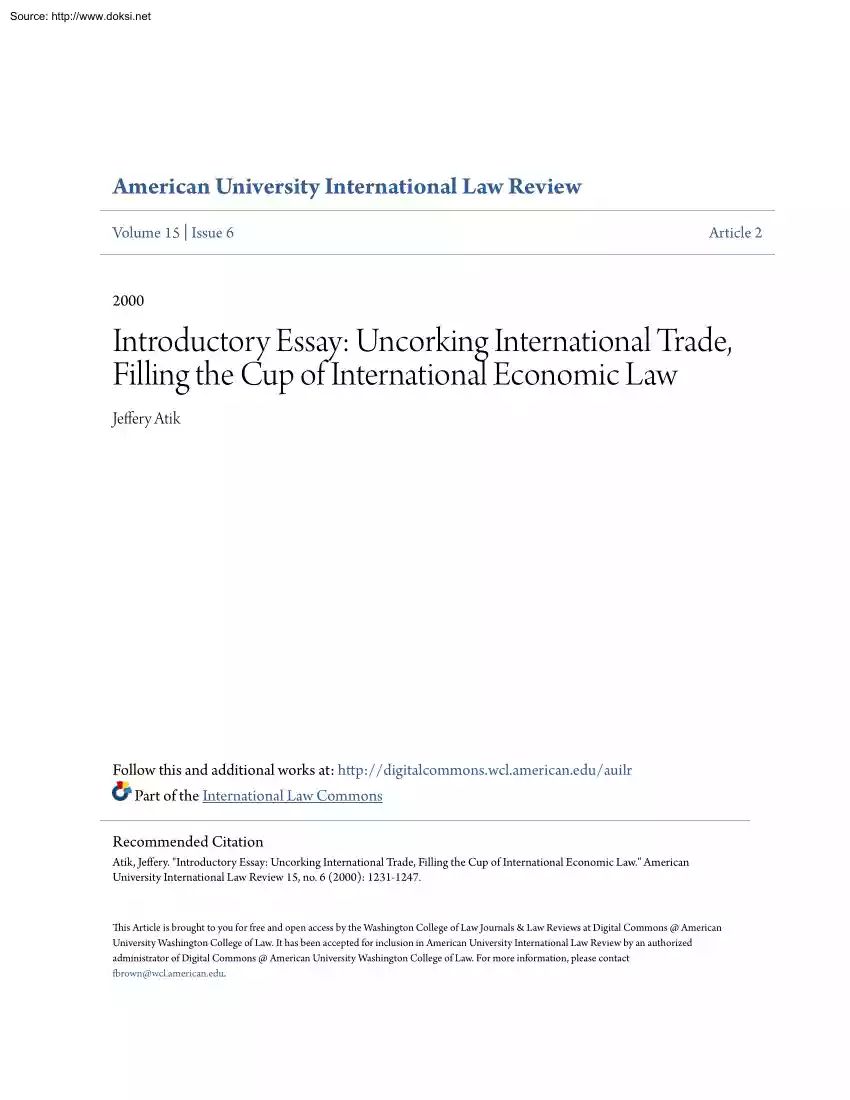 Jeffery Atik - Introductory Essay, Uncorking International Trade, Filling the Cup of International Economic Law