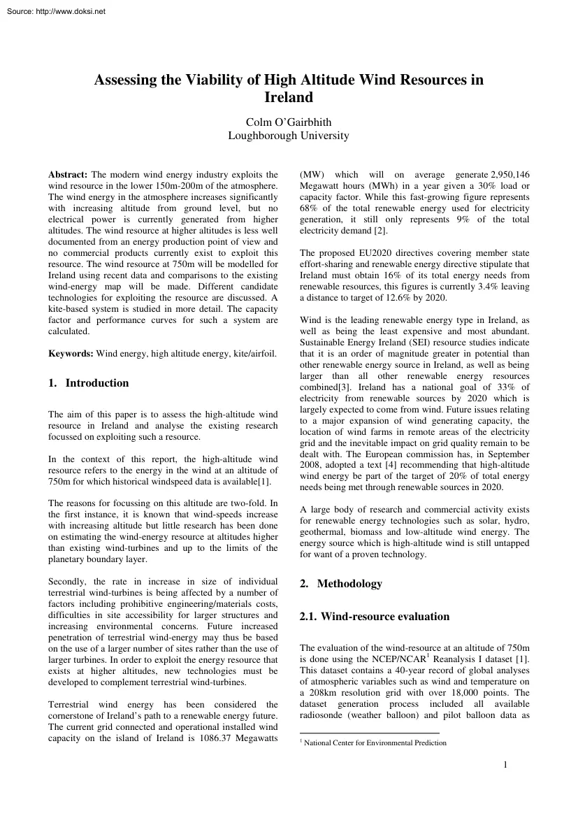 O Gairbhith - Assessing the Viability of High Altitude Wind Resources in Ireland