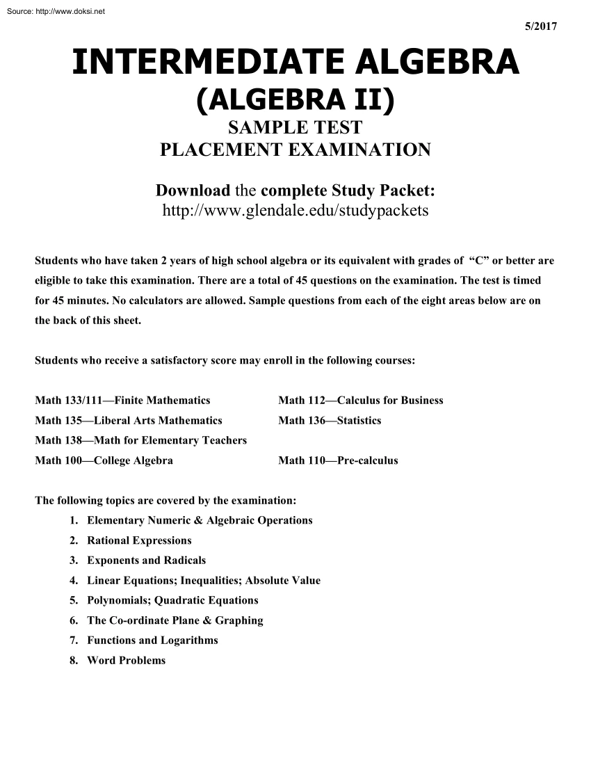 Intermediate Algebra, Sample Test