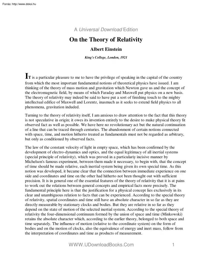 Albert Einstein - On The Theory Of Relativity