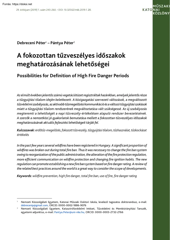 Debreceni-Pántya - A fokozottan tűzveszélyes időszakok meghatározásának lehetőségei