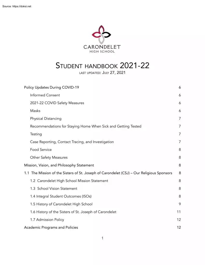 Carondelet High School, Student Handbook