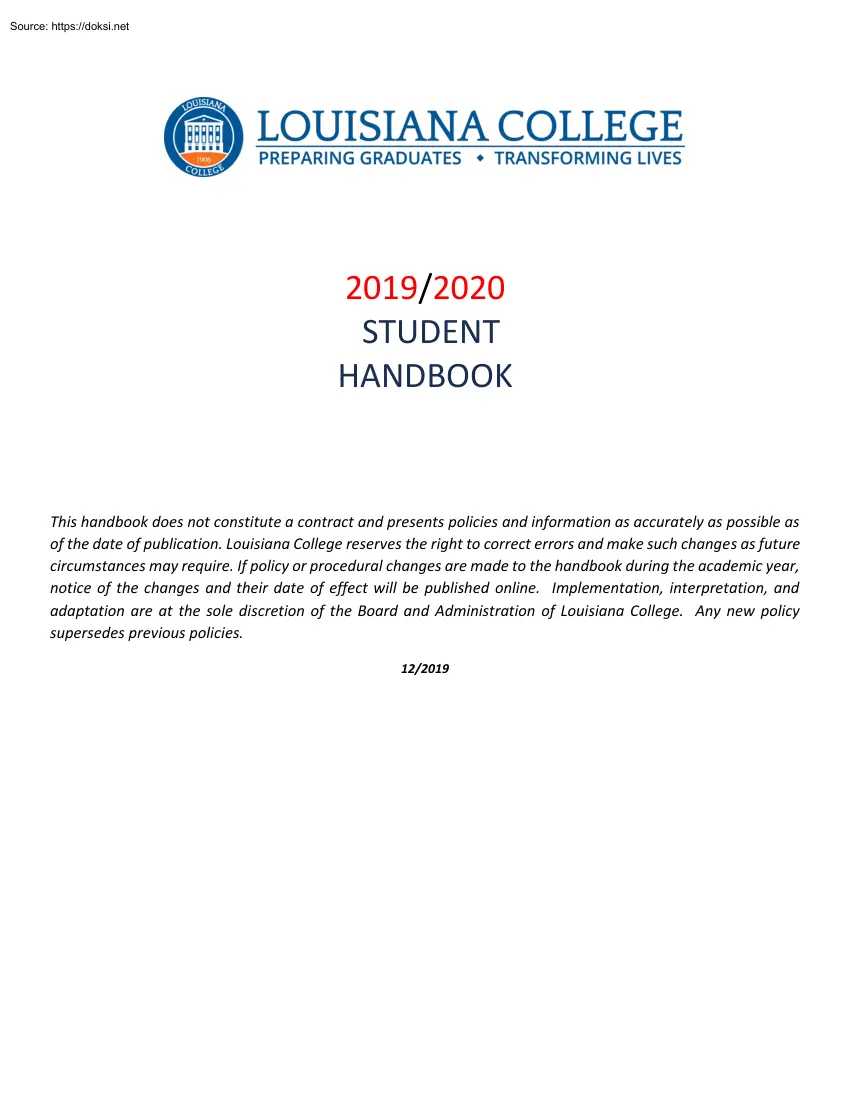 Louisiana College, Student Handbook 2020