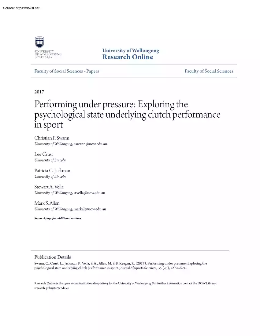 Swann-Crust-Jackman - Performing under Pressure, Exploring the Psychological State Underlying Clutch Performance in Sport