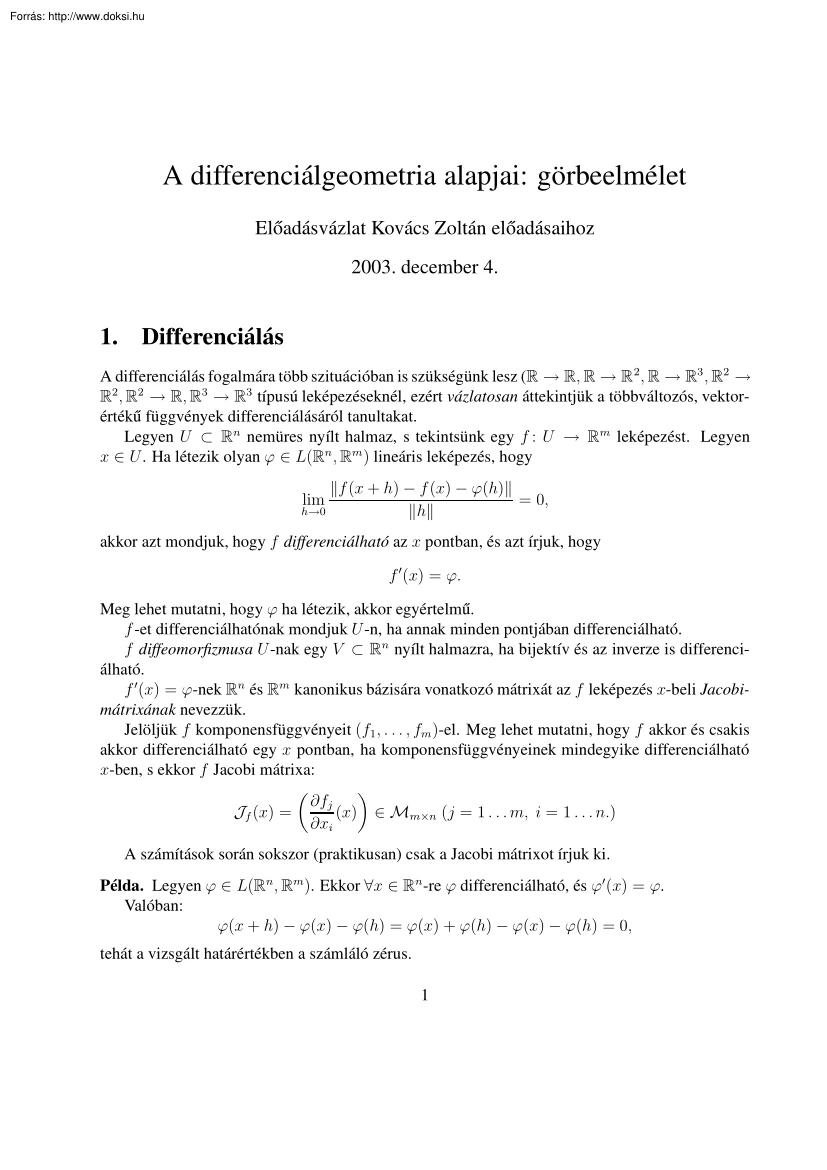 A differenciálgeometria alapjai, görbeelmélet