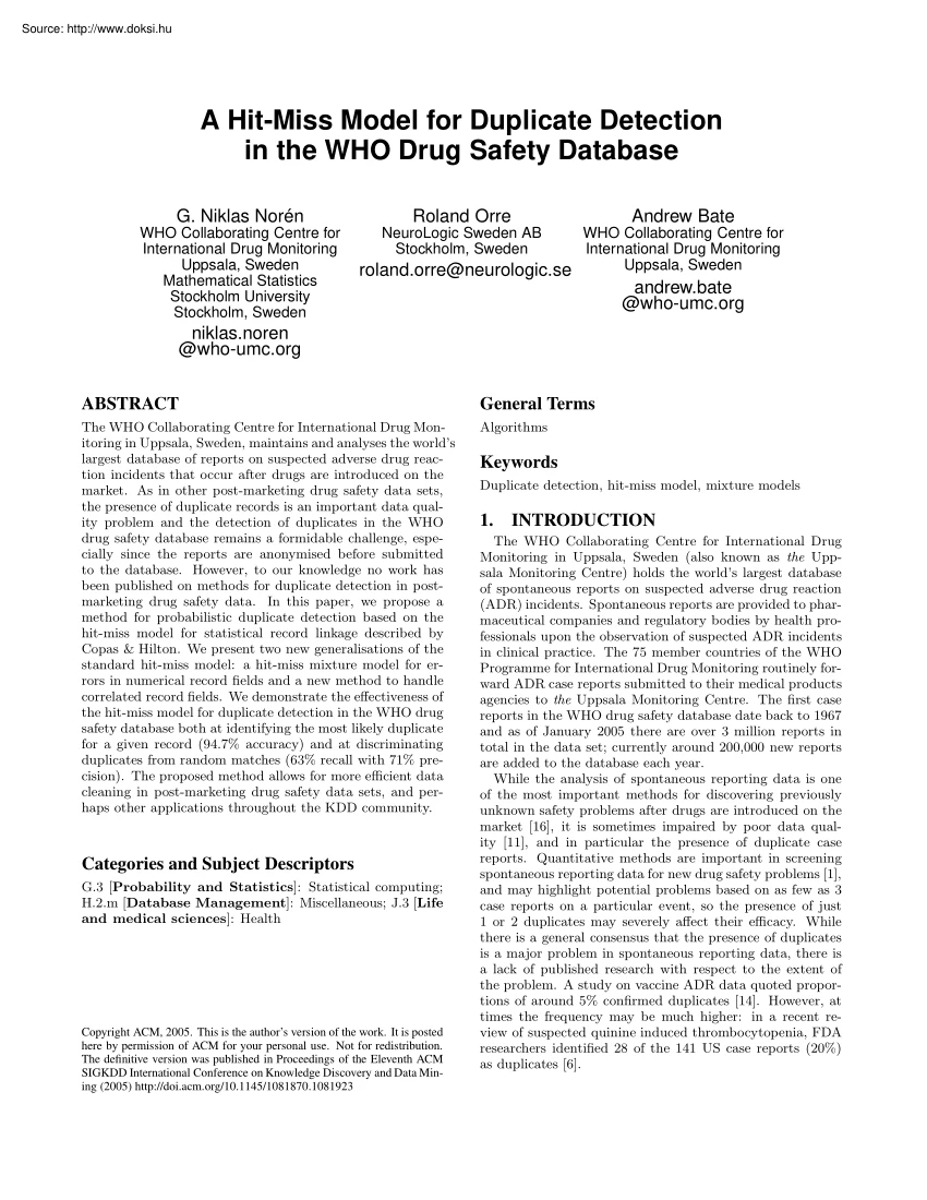 Norén-Orre-Bate - A hit miss model for duplicate detection in the WHO drug safety database