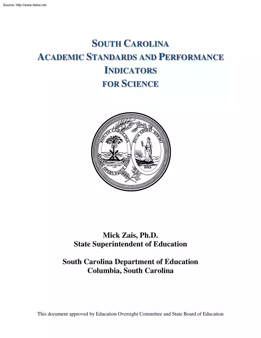 Mick Zais - Academic Standards and Performance Indicators for Science, South Carolina